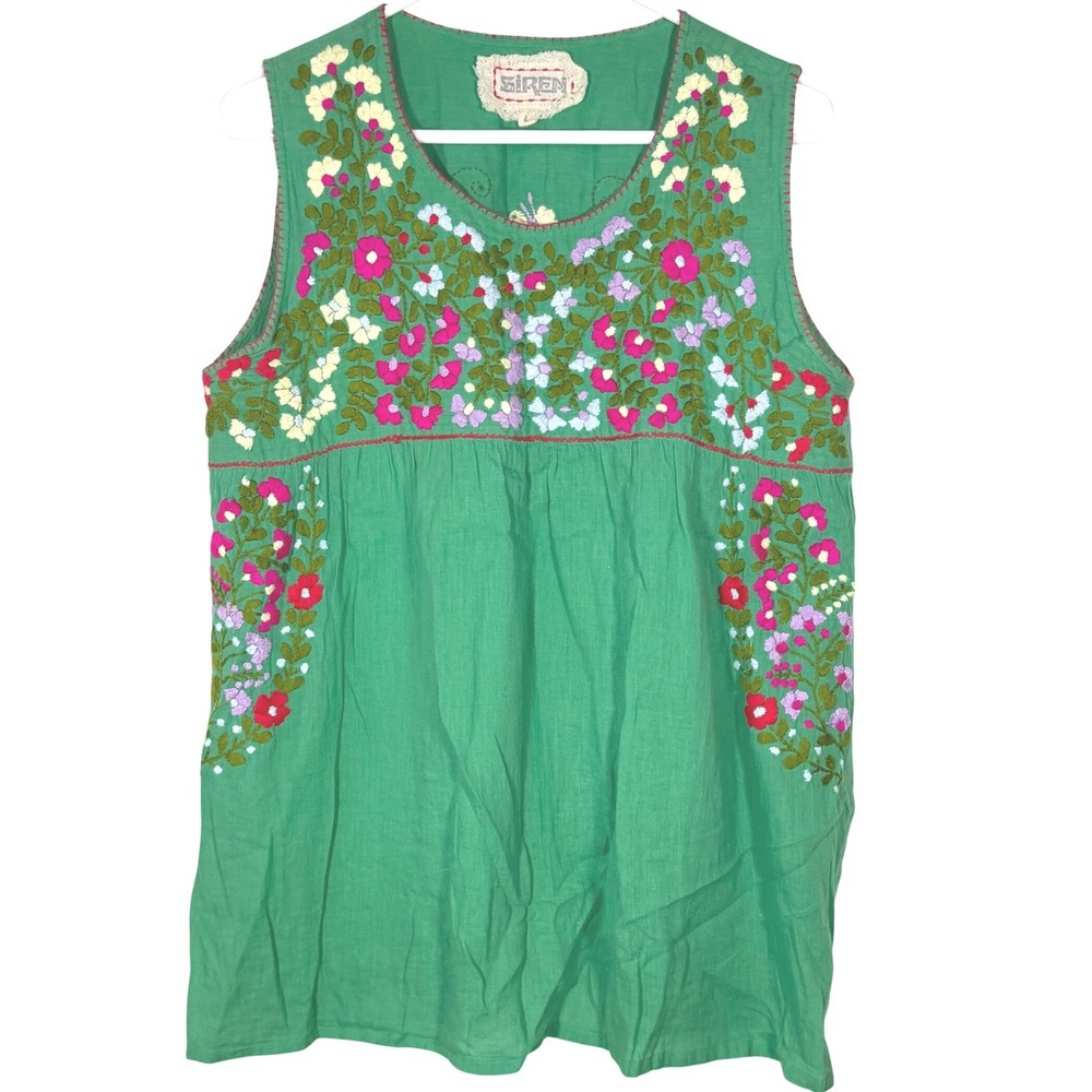Siren La Sirena Floral Embroidered Mexican Style Tank Women LG Green Peasant